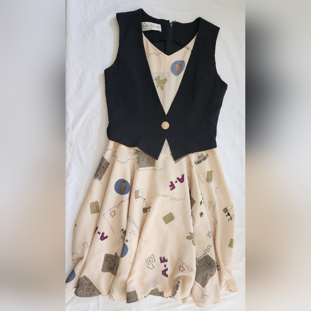 Cream Printed Dress with Black Vest (sz small-medium)